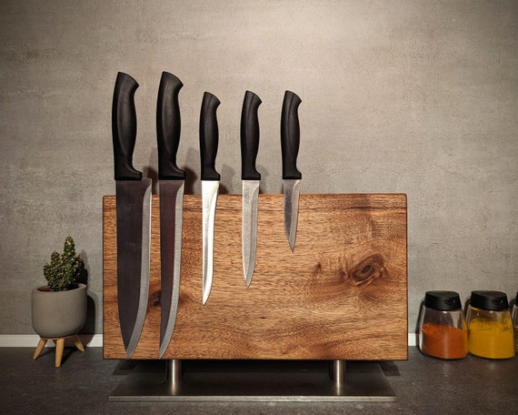 Beautiful knife block made of solid walnut - magnetic on both sides - on polished stainless steel - stylish gift for him & her