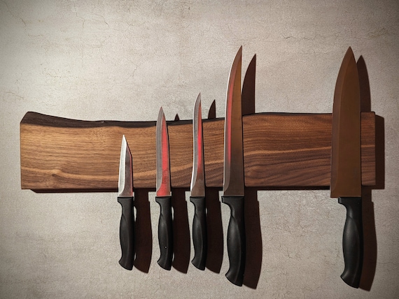 Beautiful knife rack made of steamed walnut with natural tree edge - magnetic - stylish gift for him & her - elegant kitchen utensils