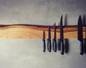 Beautiful knife bar made of solid oak with natural tree edge - magnetic - knife block & storage - elegant knife storage