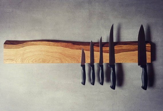 Magnetic wooden knife rack - made of solid oak with natural tree edge - stylish gift for him and her - modern rustic design