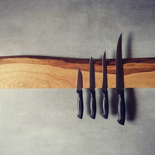 Beautiful knife bar made of solid oak with natural tree edge - magnetic - knife block & storage - elegant knife storage