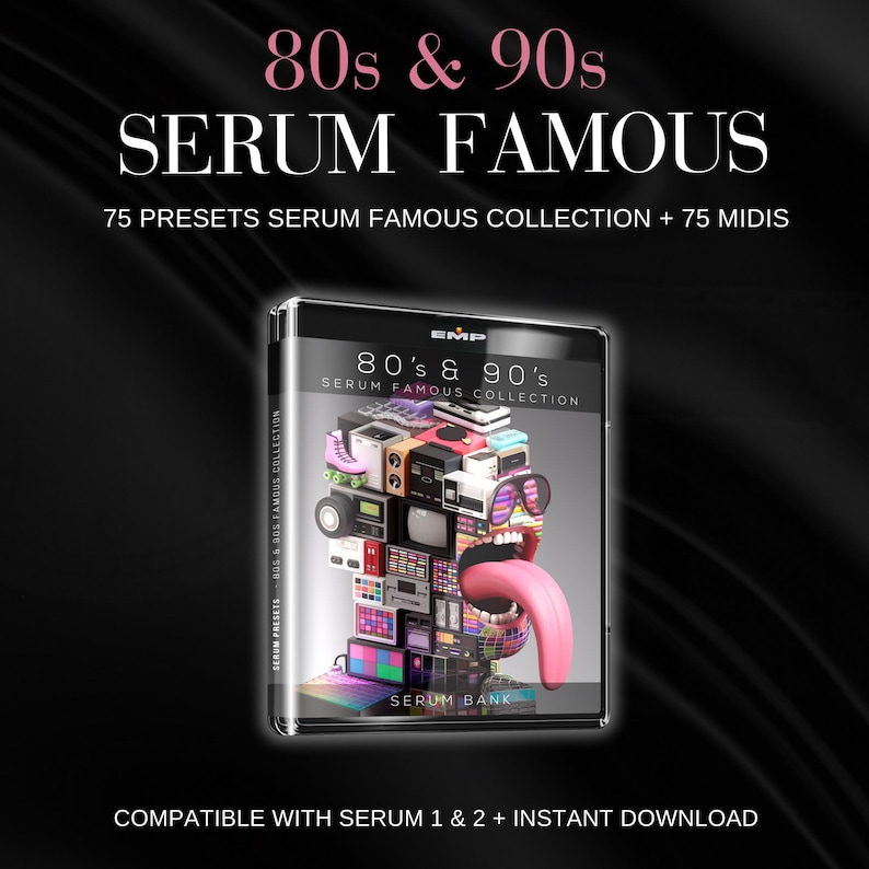 Op de afbeelding: Een digitaal product genaamd "80s & 90s SERUM FAMOUS" met 75 presets en 75 MIDI's. De cover toont een hoofd gemaakt van retro-elektronica en een tong. De tekst "SERUM BANK" is zichtbaar. Compatibel met Serum 1 & 2.