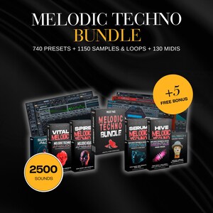 May include: A collection of 10 sound packs for music production, featuring a variety of sounds for creating melodic techno music. The packs include presets, samples, loops, and MIDI files. The image shows the sound packs for Vital, Spire, Serum, Hive, and more. The text on the image reads "Melodic Techno Bundle" and "2500 Sounds".