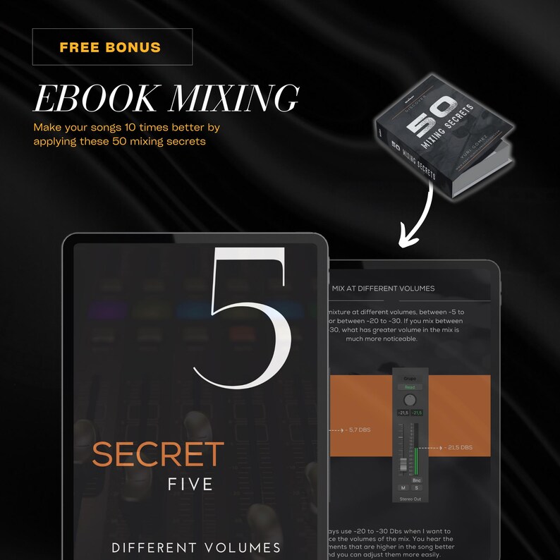 May include: An ebook cover and two tablets are displayed against a black background. The ebook is titled "50 Mixing Secrets." One tablet shows a large number "5" and the words "Secret Five." The other tablet displays a mixing interface.