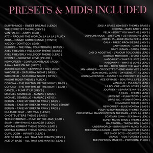 Op de afbeelding: Een zwart-wit afbeelding toont songtitels en bijbehorende muzikale elementen, zoals "lead", "bass" en "keys". De tekst is in twee kolommen gerangschikt, met de kop "PRESETS & MIDIS INCLUDED" bovenaan.