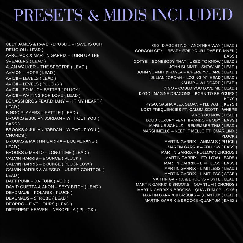 May include: A digital graphic with the text "PRESETS & MIDIS INCLUDED" in a stylized font. Below, a list of music tracks and artists is displayed, including names like Avicii, Martin Garrix, and Kygo. The background is dark.