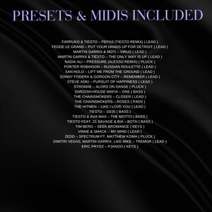 May include: A black background with the text "PRESETS & MIDIS INCLUDED" in a light purple font. Below, a list of music tracks and artists is displayed in white text. The list includes song titles and remix information.
