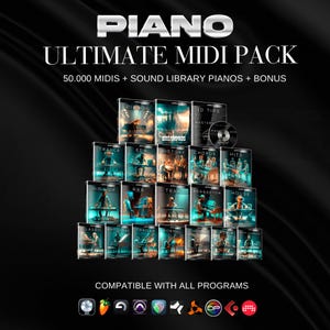 May include: A promotional image for a piano MIDI pack. The text "PIANO ULTIMATE MIDI PACK" is at the top. Below are several CD cases with various music genres, including "Trance", "Hip Hop", and "House". The image also includes the text "50.000 MIDIS + SOUND LIBRARY PIANOS + BONUS".