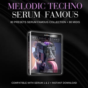 Może przedstawiać: Cyfrowe pudełko produktu z tekstem "MELODIC TECHNO SERUM FAMOUS" w kolorze białym i fioletowym. Grafika na pudełku przedstawia stylizowaną twarz z elementami elektronicznymi. Widoczny jest również tekst "80 PRESETS SERUM FAMOUS COLLECTION + 80 MIDIS". Kompatybilny z Serum 1 & 2.