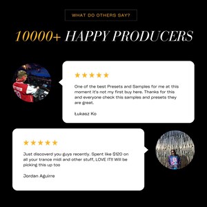 May include: Black background with the text "WHAT DO OTHERS SAY?" and "10000+ HAPPY PRODUCERS". Includes customer testimonials with star ratings and quotes. Features images of people and text from Łukasz Ko and Jordan Aguirre.