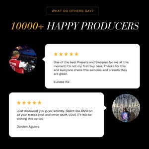 Op de afbeelding: Zwarte achtergrond met de tekst "WHAT DO OTHERS SAY?" en "10000+ HAPPY PRODUCERS". Bevat getuigenissen van klanten met sterrenbeoordelingen en citaten van Łukasz Ko en Jordan Aguirre.