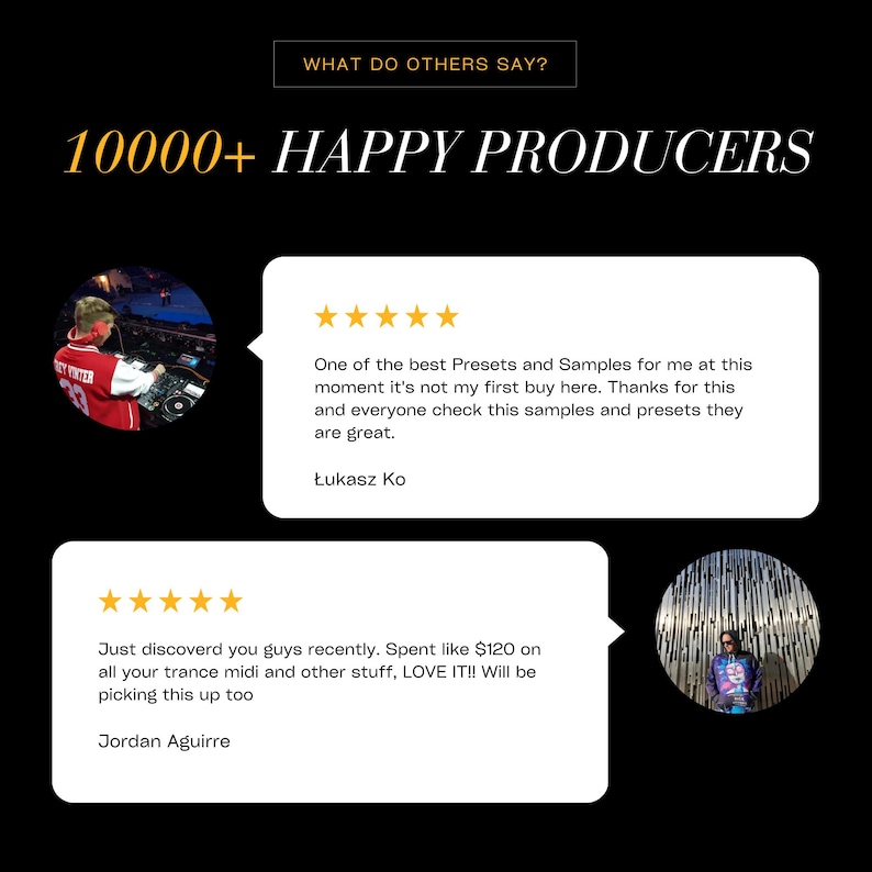 Op de afbeelding: Zwarte achtergrond met de tekst "WHAT DO OTHERS SAY?" en "10000+ HAPPY PRODUCERS". Bevat getuigenissen van klanten met sterrenbeoordelingen en citaten van Łukasz Ko en Jordan Aguirre.