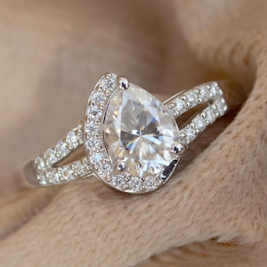 Pear Moissanite Ring with split shank, 925 Sterling Silver, D color VVS 1 Solitaire moissanite