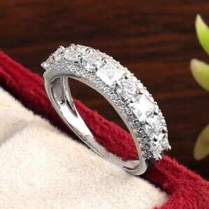 Round Cut Moissanite Half Eternity Ring, Minimalist Proposal Ring, 14K-18K Solid Gold Ring, Solitaire Gold Ring, Dainty Ring For Engagement