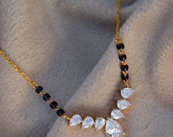 Moissanite Mangalsutra: 14K Gold, Black Beads, Indian Wedding Necklace