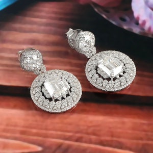 Pendientes colgantes de moissanita en oro de 14 quilates, joyas de moissanita incolora, pendientes con cierre a presión, pendientes colgantes, pendientes de boda, regalo para ella