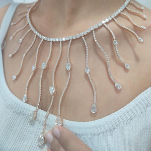 Rain Drops - Lab Grown Diamond Gold Necklace, CVD/HPHT Diamond Necklace, Pear Cut Diamond Solitaire and Melee Round
