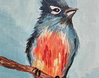 May include: A painting of a blue, orange and white bird perched on a branch. The bird has a white stripe above its eye and is facing to the right. The background is a light blue.