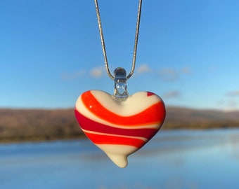 Handmade Blown Glass Heart Pendant Necklace in Red, Raspberry and White on stainless steel chain