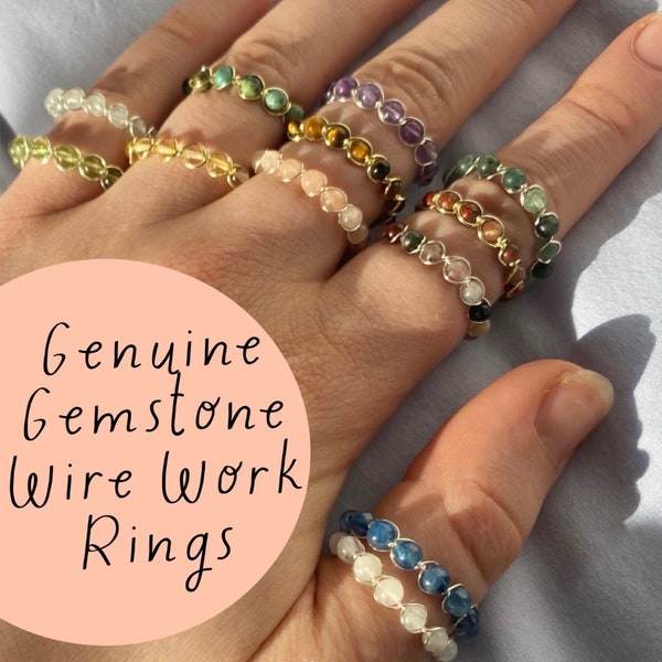 Handmade Wirework Rings made with genuine gemstones in 12 colours, Braided Style