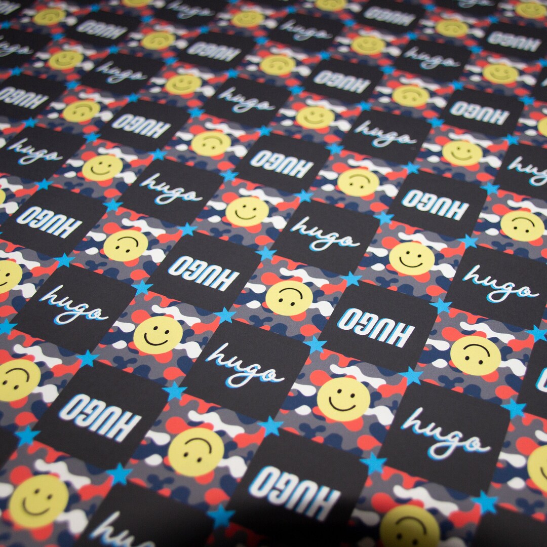 Smiley Face Wrapping Paper. Personalised Kids Gift Wrap. Camo Print