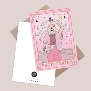 Sagittarius card. Horoscope greeting card. Zodiac birthday card. Sagittarius star sign birthday card. Constellation card. Tarot cards.