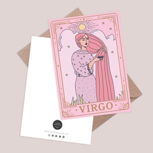 Jungfrau-Karte. Horoskop Grußkarte. Sternzeichen Geburtstagskarte. Geburtstagskarte mit Sternzeichen Jungfrau. Konstellationskarte. Tarotkarten. Sternzeichen-Karte.