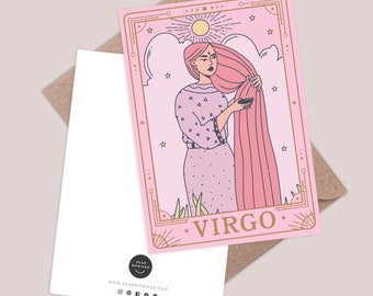 Virgo card. Horoscope greeting card. Zodiac birthday card. Virgo star sign birthday card. Constellation card. Tarot cards. Zodiac card.