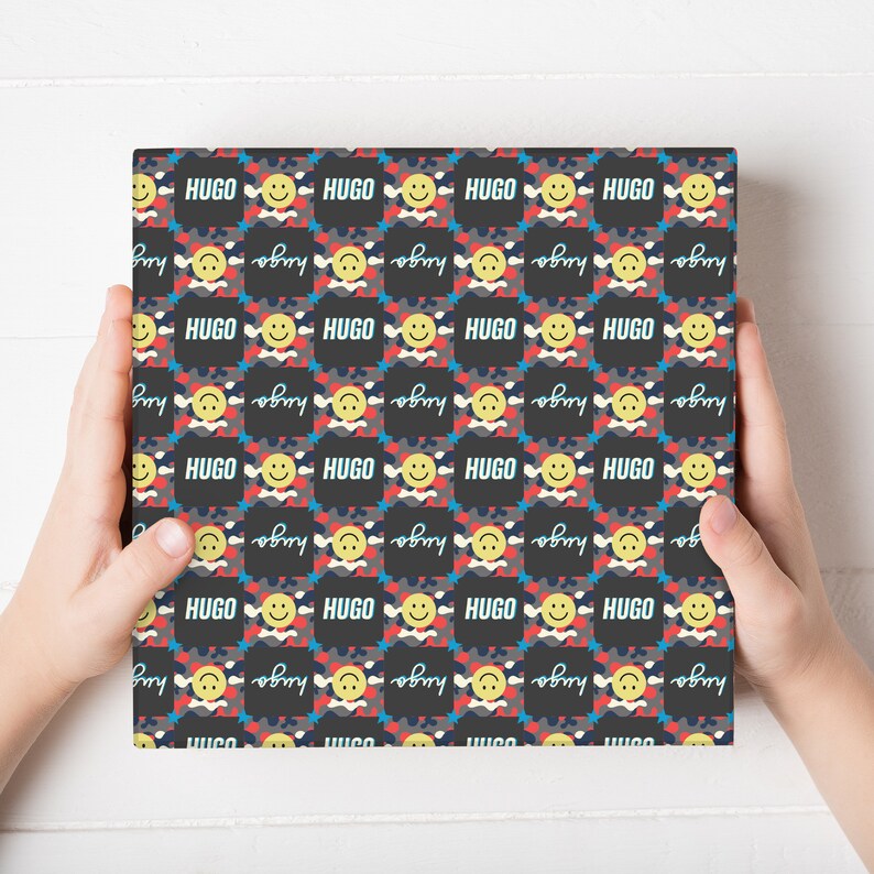 Smiley Face Wrapping Paper. Personalised Kids Gift Wrap. Camo Print