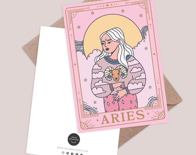 Aries card. Horoscope greeting card. Zodiac birthday card. Aries star sign birthday card. Constellation card. Tarot cards. Zodiac gift.