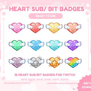Heart Twitch Sub Badges Cute Kawaii Stream Badges, Bit Badges, Channel Points Icon, Emotes for Streamers, Discord & YouTube for Vtubers