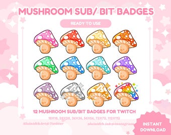 Odznaki Mushroom Twitch Sub, odznaki Kawaii Stream Bit (pobieranie cyfrowe)