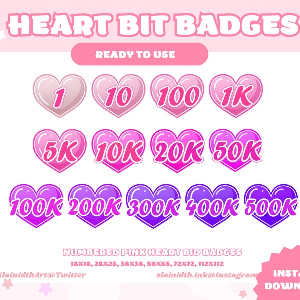 Pink Pastel Heart Numbered Bit Badge Twitch Streamer Cute Heart