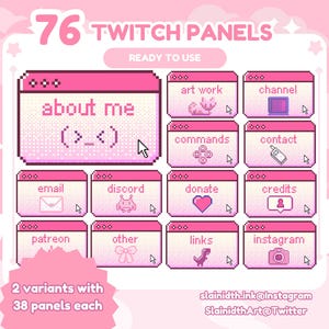 Könnte beinhalten: 76 Twitch-Panels in rosa Pixel-Art mit verschiedenen Beschriftungen, darunter "about me", "art work" und "channel". Das Bild hat eine niedliche Ästhetik. Der Text "2 Varianten mit je 38 Panels" ist ebenfalls enthalten.