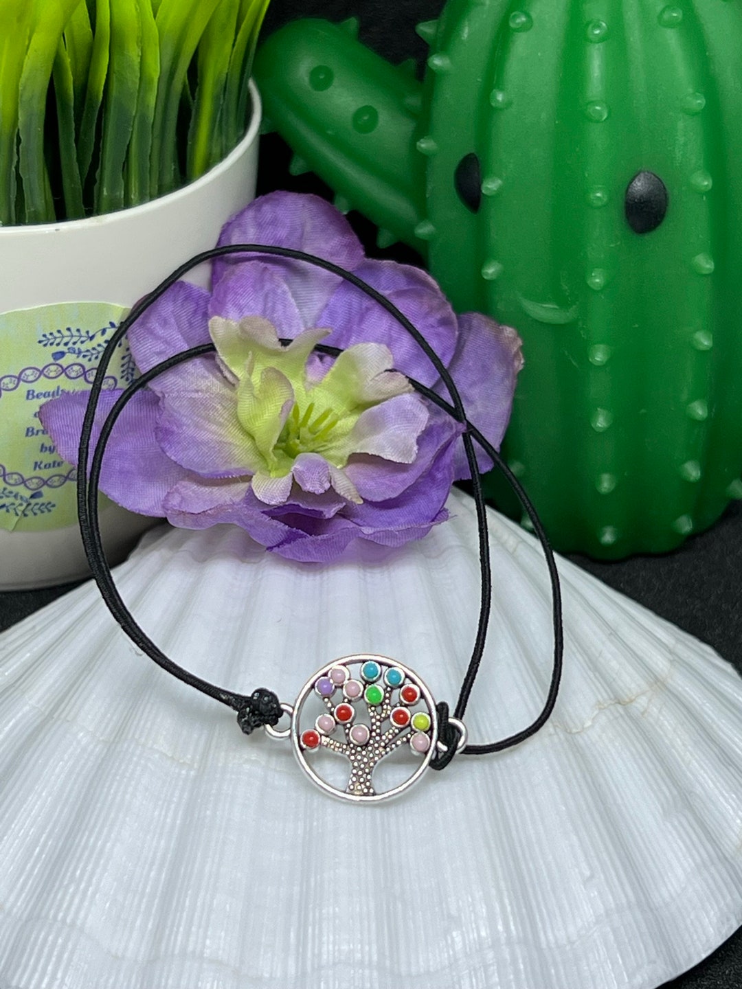 Tree of Life Charm Black Elastic Stretch Bracelet Handmade Etsy