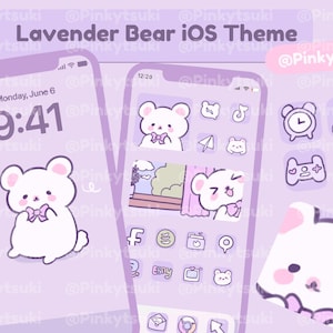 May include: A lavender-colored iPhone screen with a custom iOS theme featuring a white bear with a pink bow tie. The theme includes icons for various apps, such as Facebook, Instagram, and TikTok, all with a cute, cartoonish style.