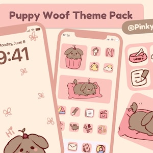 May include: A pink and brown phone theme pack with a cartoon puppy wearing a cherry on its head. The theme pack includes icons for various apps, such as notes, camera, and calendar. The theme pack also includes a wallpaper with a cartoon puppy sleeping on a pink pillow.