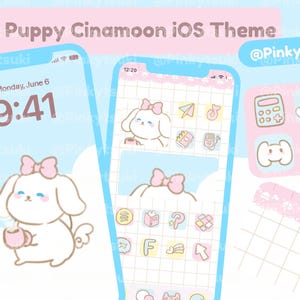 Op de afbeelding: Een roze en blauwe iOS-telefoon startscherm met een schattig cartoonhondje dat een kopje koffie vasthoudt. Het scherm toont de tijd 9:41 en de datum maandag 6 juni. De pictogrammen op het scherm zijn ook met schattige cartoonfiguren ontworpen.