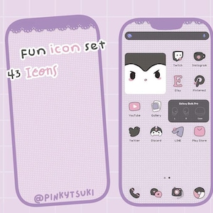 May include: A purple and white phone screen with a set of 43 icons. The icons are in a grid pattern and feature various social media apps, including YouTube, Instagram, Twitter, and Discord. The text "Fun icon set 43 Icons" is at the top of the screen. The text "@PINKYTSUKI" is at the bottom of the screen.
