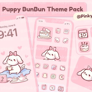 May include: A pink and white phone theme pack with a cute cartoon puppy wearing a pink bow. The theme pack includes icons for various apps, such as Instagram, Snapchat, and TikTok. The theme pack also includes a calendar icon, a clock icon, and a note icon. The theme pack is designed to be used on a smartphone.