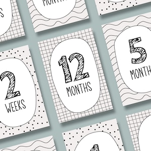 Baby Milestone Cards - Monochrome - Cartes imprimables A6 - Cartes du mois de bébé - Anglais - TÉLÉCHARGEMENT NUMÉRIQUE