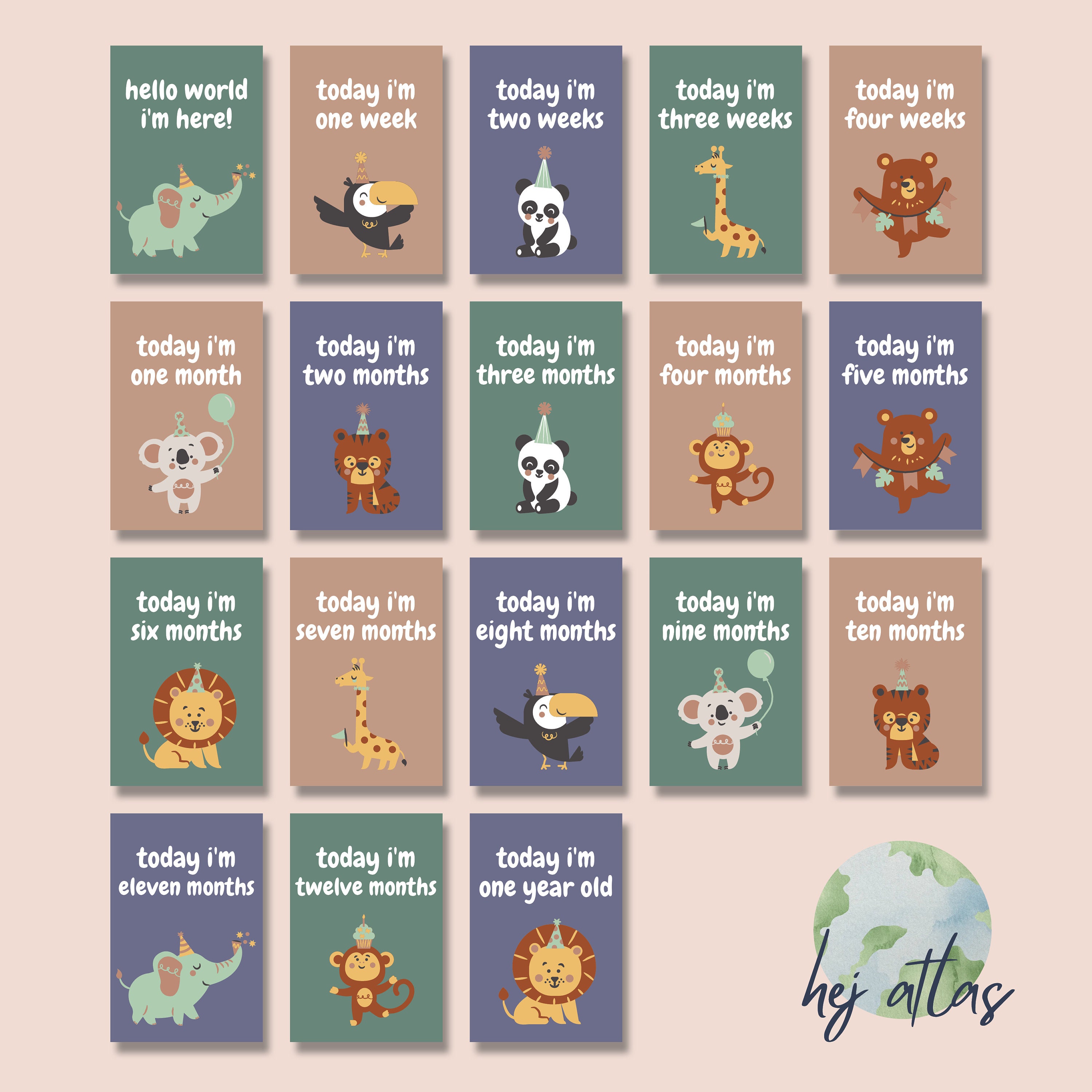 Baby Milestone Cards - Animal Design - Printable Cards A6 - Baby Month ...