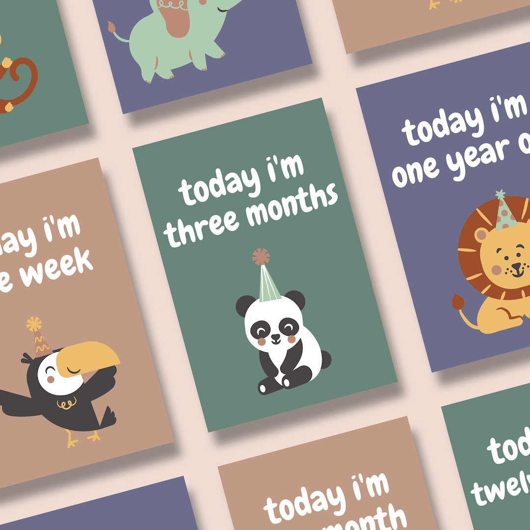 Baby Milestone Cards - Animal Design - Printable Cards A6 - Baby Month ...