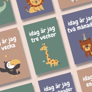 Baby Milestone Cards - SVENSKA - Animal Design - Cartes imprimables A6 - Cartes du mois de bébé - Suédois - TÉLÉCHARGEMENT NUMÉRIQUE