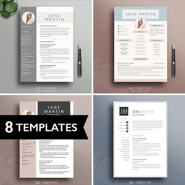 8 CV and Cover Letter TEMPLATE Resume Word. Professional Resume Template. Resume Template Bundle. Curriculum Vitae