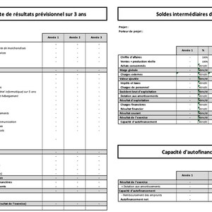 May include: A detailed financial document with multiple sections, including "Salaries and social charges," "Projected income statement over 3 years," and "Management intermediate balances." The document is filled with tables and data fields.