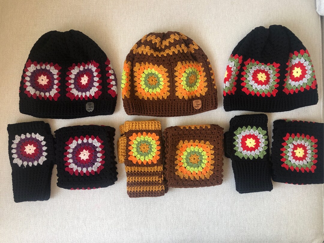 Crochet Granny Square Hat Scarf and Gloves Set ,fingerless Gloves ...