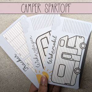 Può includere: Tre pagine di pianificatore a tema camper blu e bianco. Le pagine sono rigate e hanno il testo "Camper Spartopf" in alto. Le pagine sono etichettate come "Wohnwagen", "Wohnmobil" e "Spartopf".