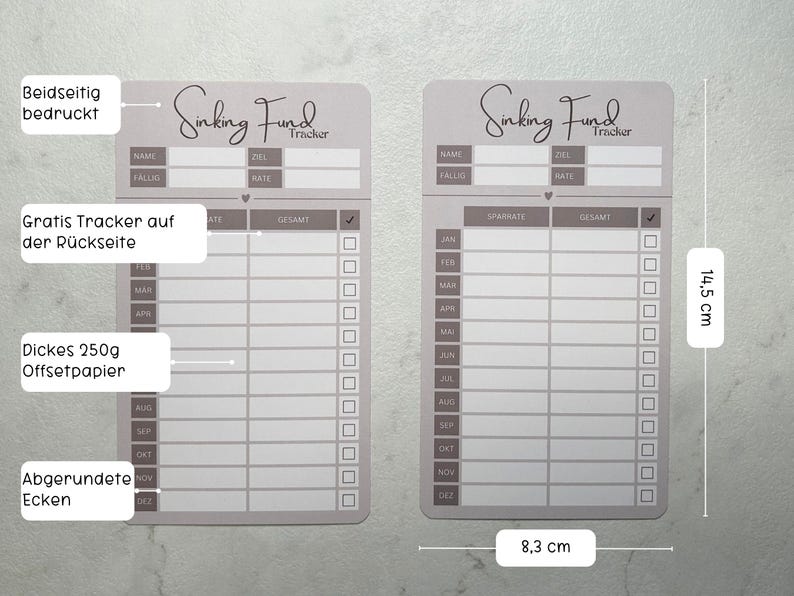 May include: A printable sinking fund tracker with a light gray background. The tracker is designed to help you save money for a specific goal. It includes sections for the name of the goal, the target amount, the monthly savings rate, and a calendar to track your progress. The tracker is 8.3 cm wide and 14.5 cm tall.