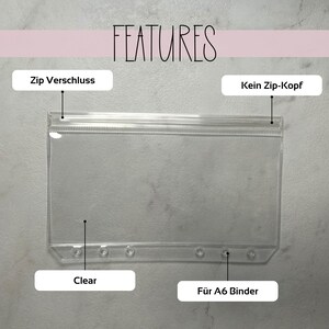 May include: Clear plastic A6 binder pouch with a zipper closure. The pouch has a zipper closure but no zipper pull.  Features:  Zip Verschluss, Kein Zip-Kopf, Clear, F&uuml;r A6 Binder